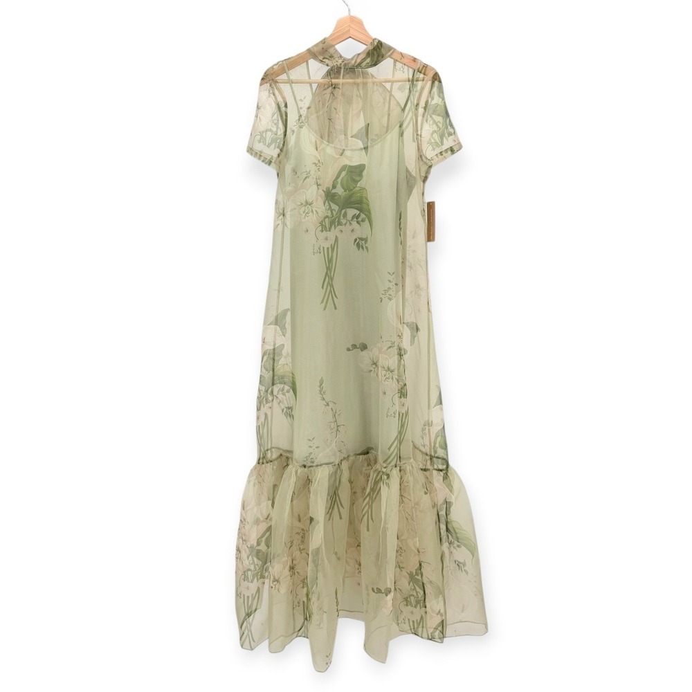 NWT CAARA Melody High Neck Organza Tie Neck Tiered Hem Dress - Size Large - Picture 9 of 14